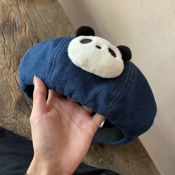 Cute Panda Design Denim Beret for Women Face-Slimming Hat Dark Denim