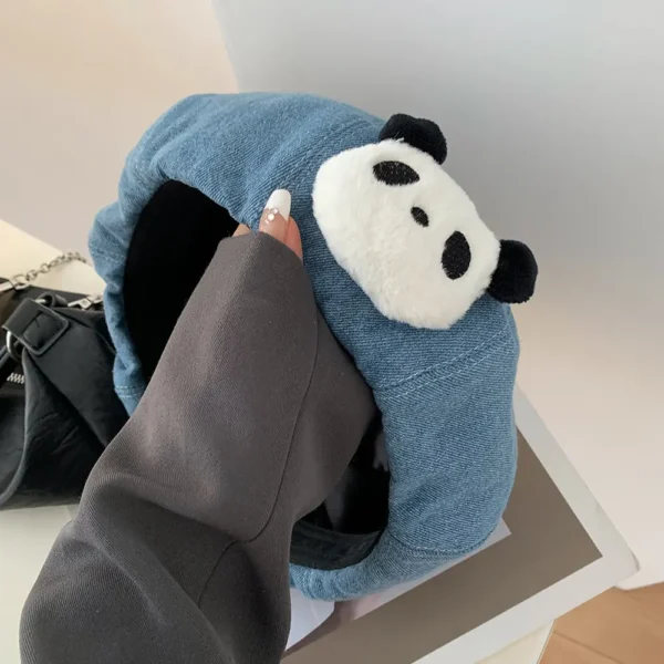 Cute Panda Design Denim Beret for Women Face-Slimming Hat Denim