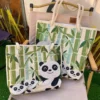 WPBGST000222-0223-01 Ethnic Style Embroidery Panda Zipper Canvas Tote Bag