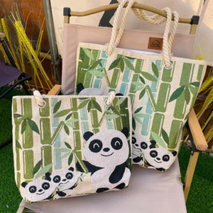 Ethnic Style Embroidery Panda Zipper Canvas Tote Bag
