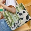 WPBGST000222-0223-02 Ethnic Style Embroidery Panda Zipper Canvas Tote Bag