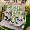 WPBGST000222-0223-03 Ethnic Style Embroidery Panda Zipper Canvas Tote Bag