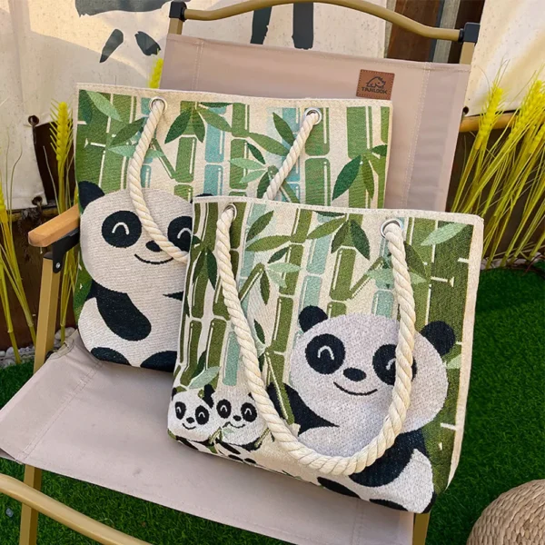 WPBGST000222-0223-03 Ethnic Style Embroidery Panda Zipper Canvas Tote Bag