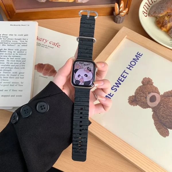 WPASWB001193 Laser-Engraved Panda Pattern Silicone Apple Watch Band Black