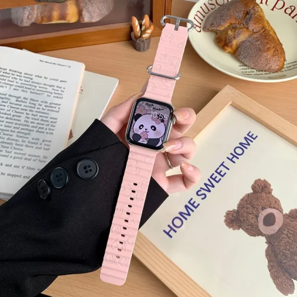 WPASWB001173 Laser-Engraved Panda Pattern Silicone Apple Watch Band Pink